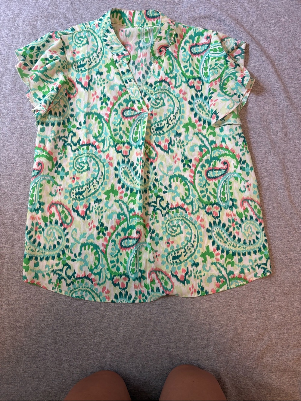Paisley Print Flutter Sleeve Blouse | Green Pink Aqua | Lightweight Women’s Top